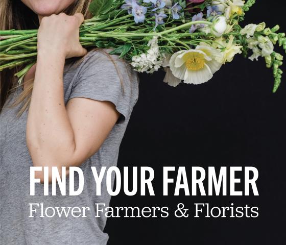 Woman holding a bouquet of flowers with text "Find Your Farmer: Flower Farmers and Florists"
